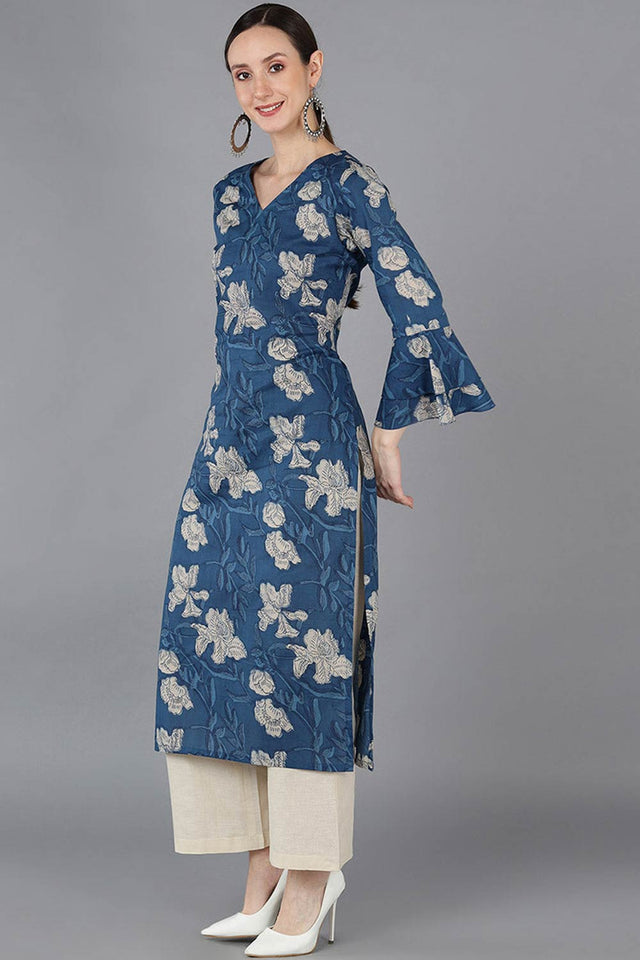 Blue Rayon Printed Straight Kurti