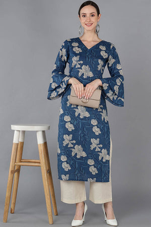Blue Rayon Printed Straight Kurti