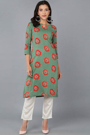 Green Cotton Round Neck Kurti