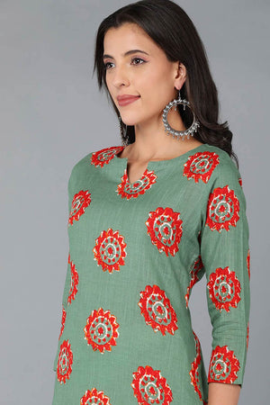Green Cotton Round Neck Kurti
