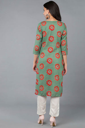 Green Cotton Round Neck Kurti