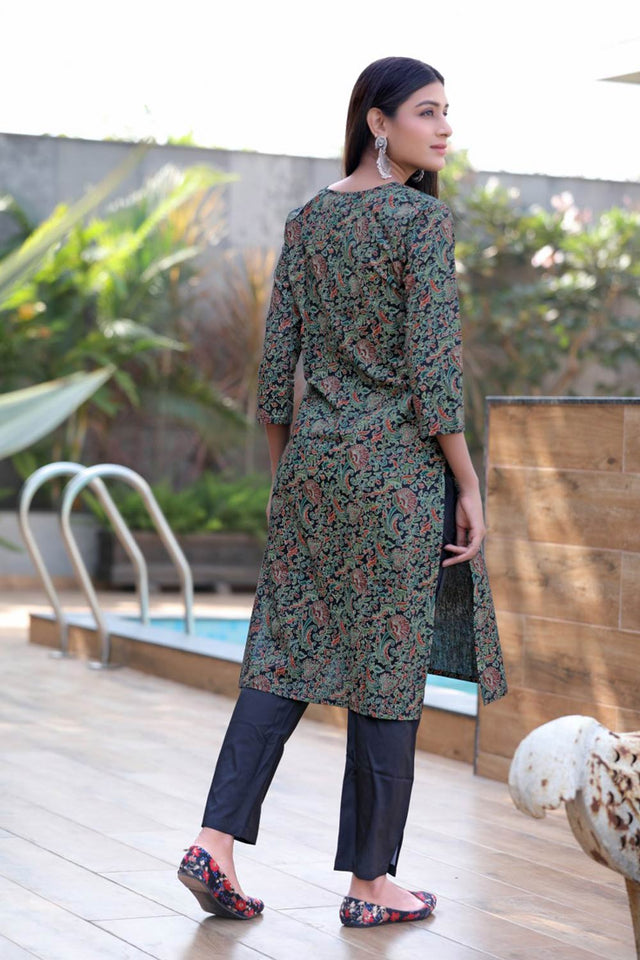 Black Cotton Printed Straight Kurti