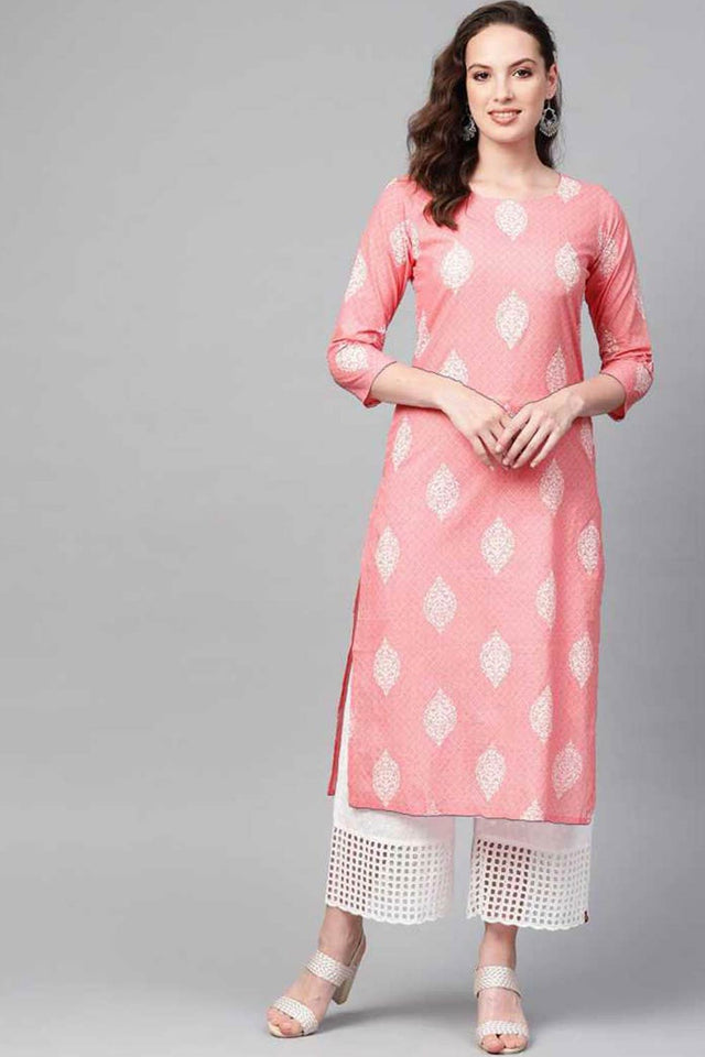 Pink Cotton Printed Straight Kurti
