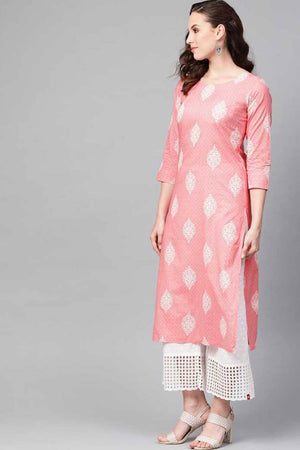 Pink Cotton Printed Straight Kurti