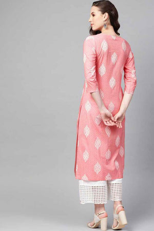 Pink Cotton Printed Straight Kurti