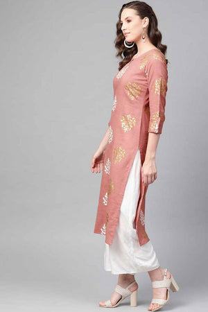 Pink Cotton Printed Straight Kurti
