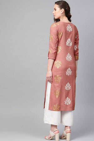 Pink Cotton Printed Straight Kurti