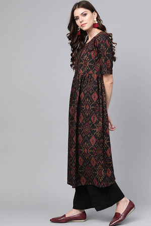 Black Rayon Printed Flared Fit Kurti