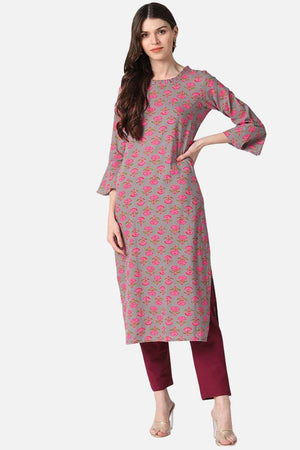 Brown Cotton Floral Print Round Neck Kurti