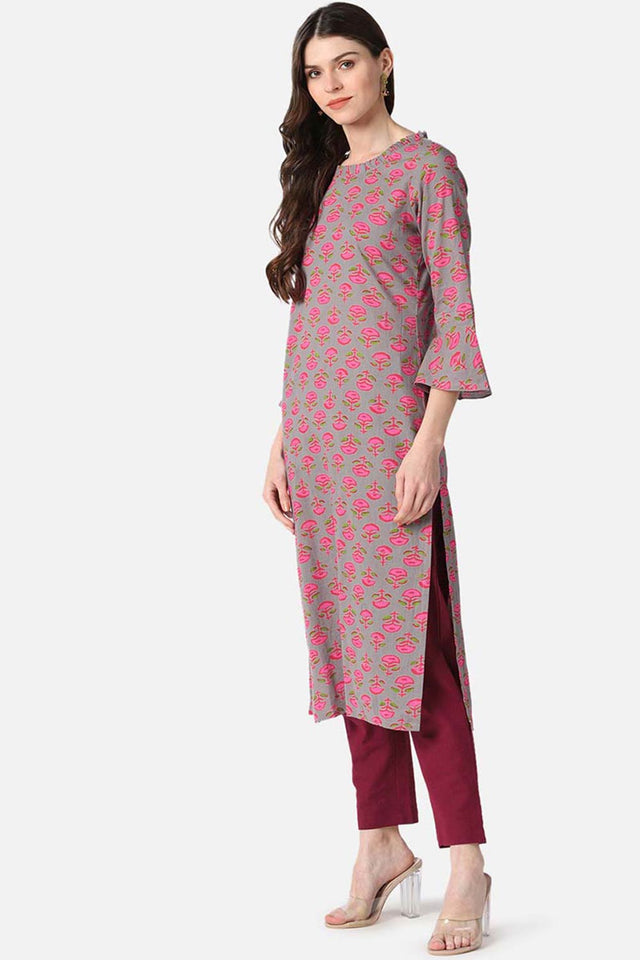 Brown Cotton Floral Print Round Neck Kurti