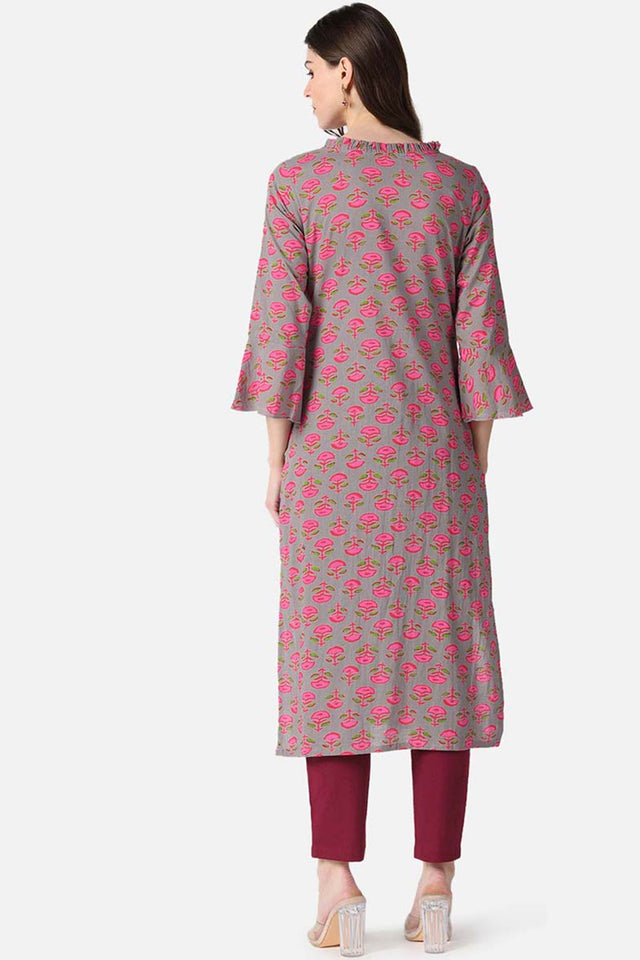 Brown Cotton Floral Print Round Neck Kurti