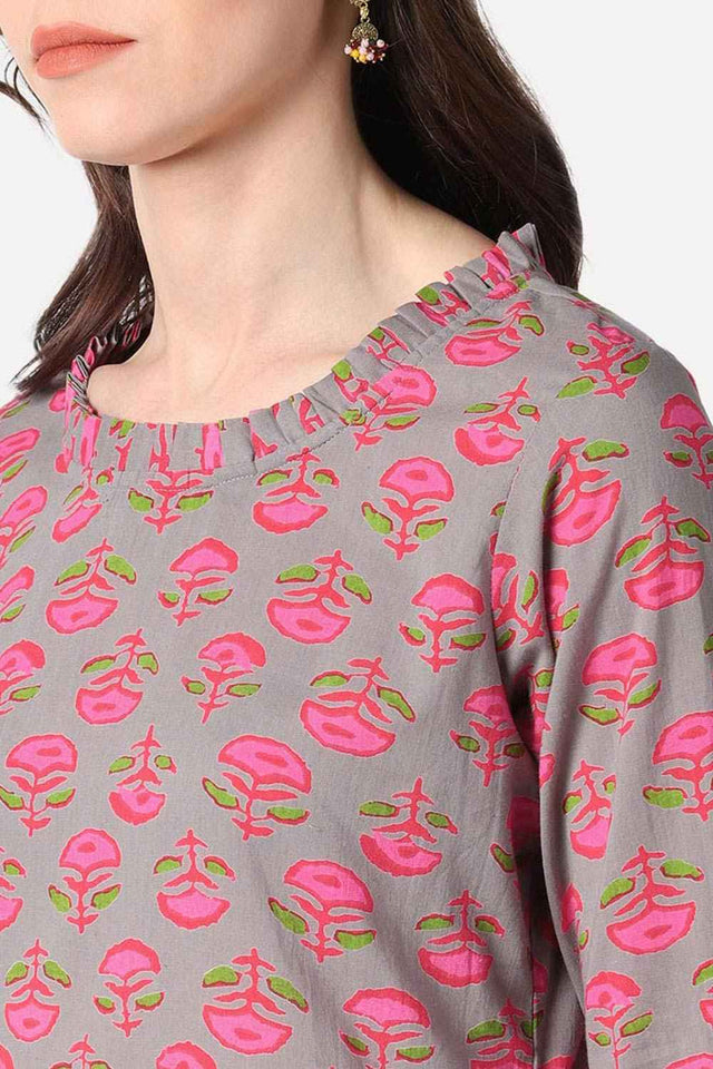 Brown Cotton Floral Print Round Neck Kurti