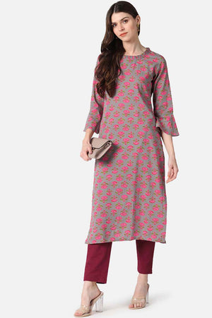 Brown Cotton Floral Print Round Neck Kurti