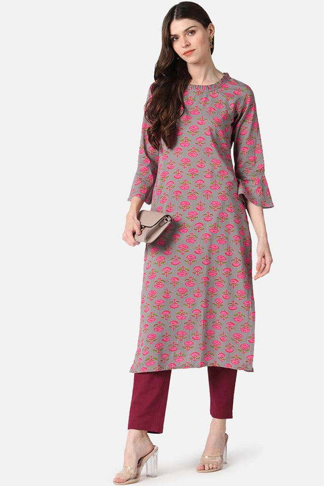 Brown Cotton Floral Print Round Neck Kurti