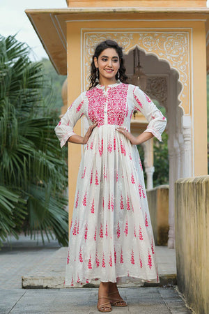 White Cotton Bandhani Mandarin Collar Anarkali Kurti