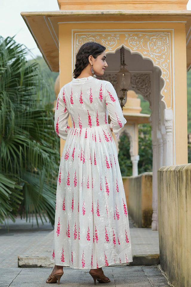 White Cotton Bandhani Mandarin Collar Anarkali Kurti