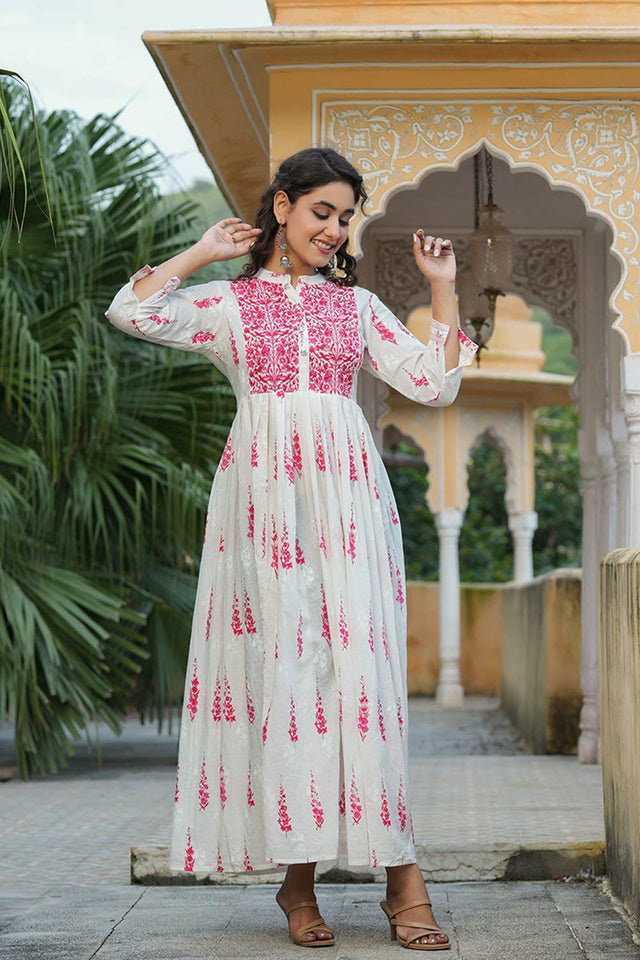 White Cotton Bandhani Mandarin Collar Anarkali Kurti