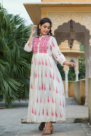 White Cotton Bandhani Mandarin Collar Anarkali Kurti