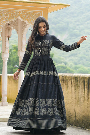 Black Cotton Mandarin Collar Anarkali Kurti