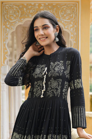 Black Cotton Mandarin Collar Anarkali Kurti