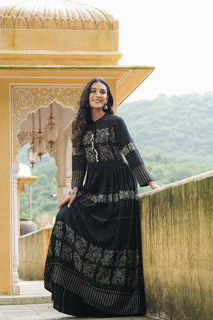 Black Cotton Mandarin Collar Anarkali Kurti