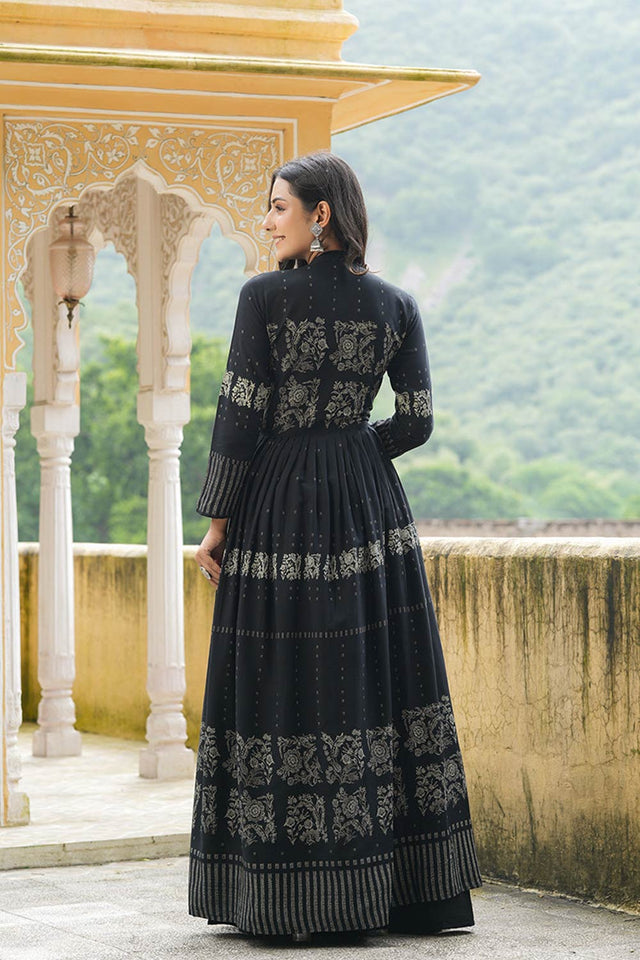 Black Cotton Mandarin Collar Anarkali Kurti