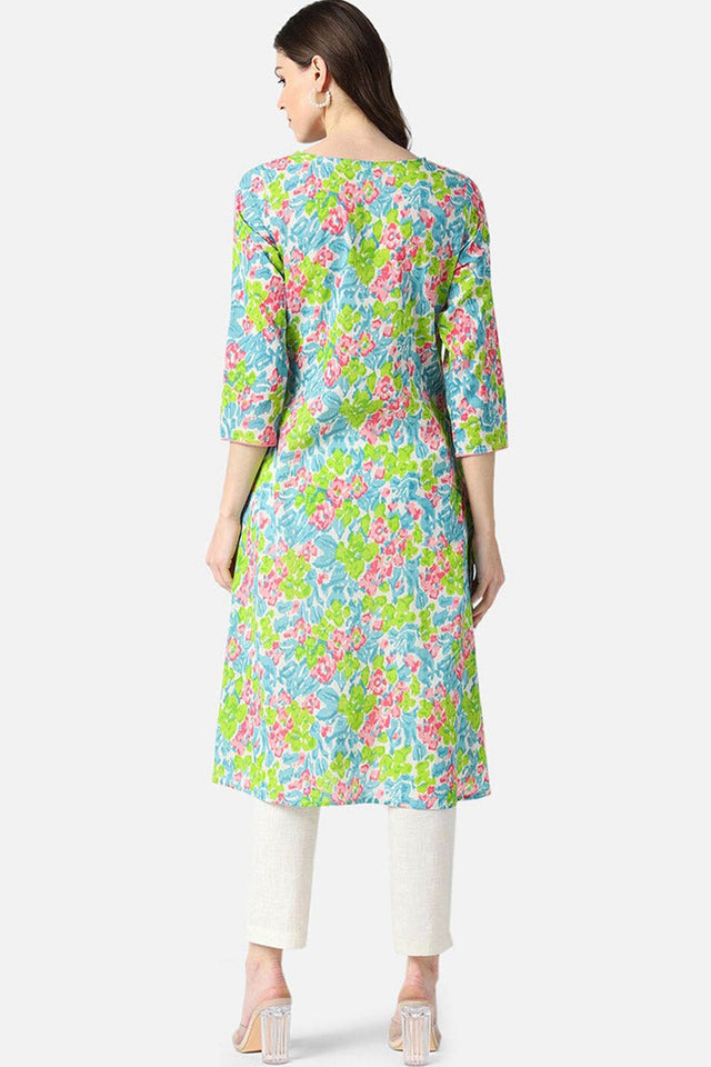 Blue Rayon Floral Flared Fit Kurti