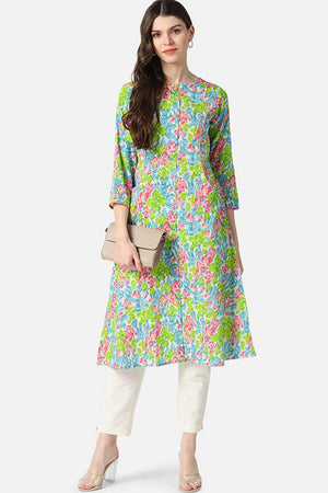 Blue Rayon Floral Flared Fit Kurti