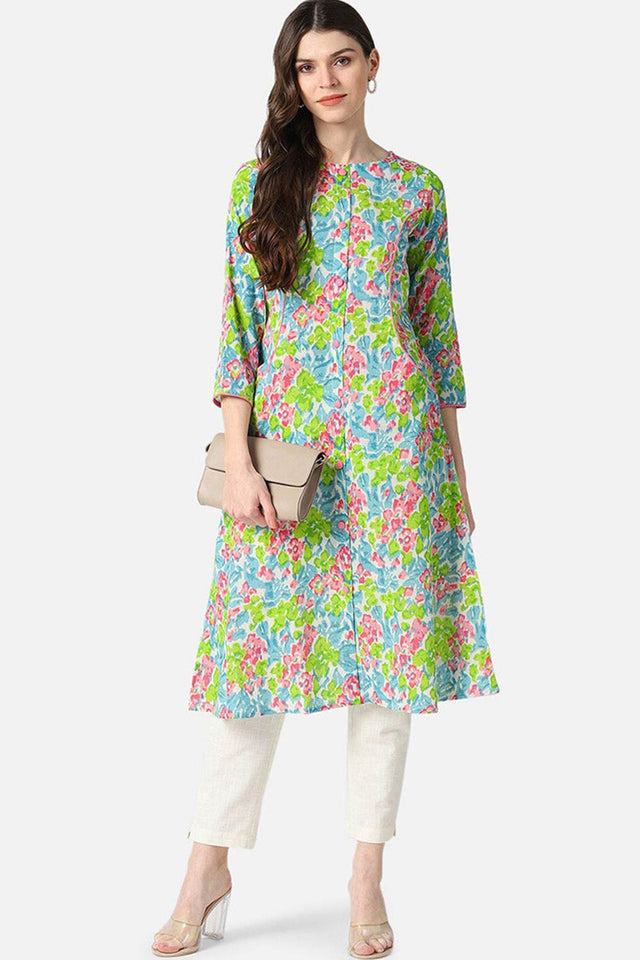 Blue Rayon Floral Flared Fit Kurti