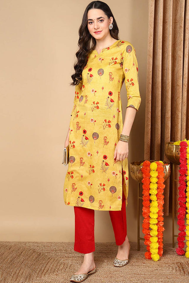 Yellow Cotton Floral Straight Kurti