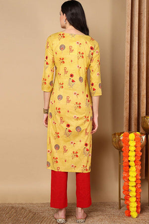 Yellow Cotton Floral Straight Kurti