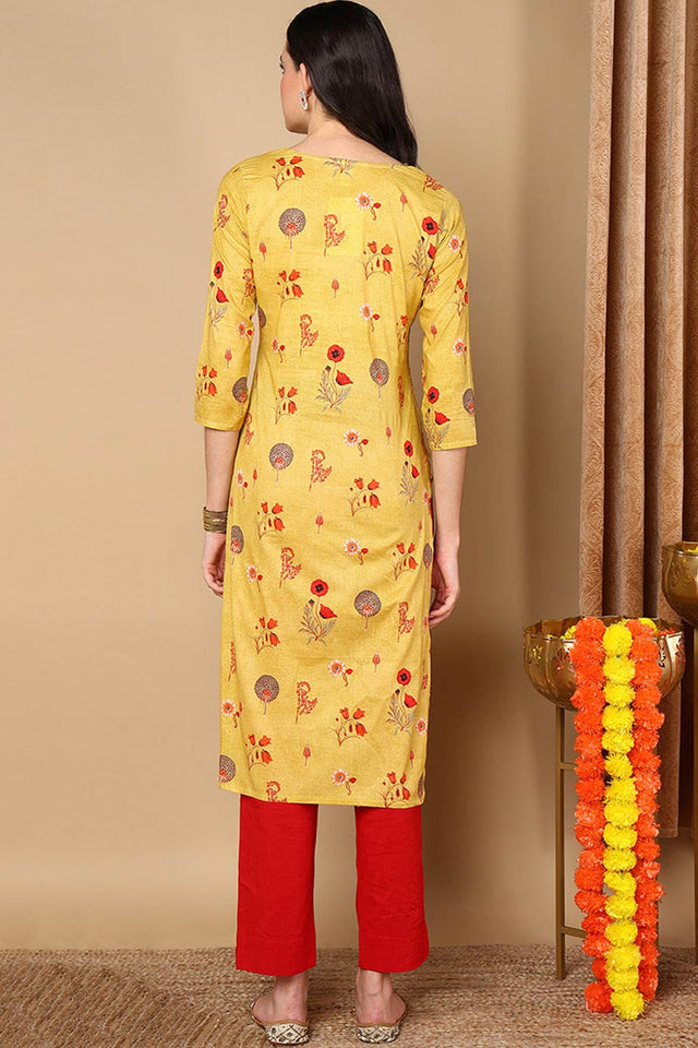 Yellow Cotton Floral Straight Kurti