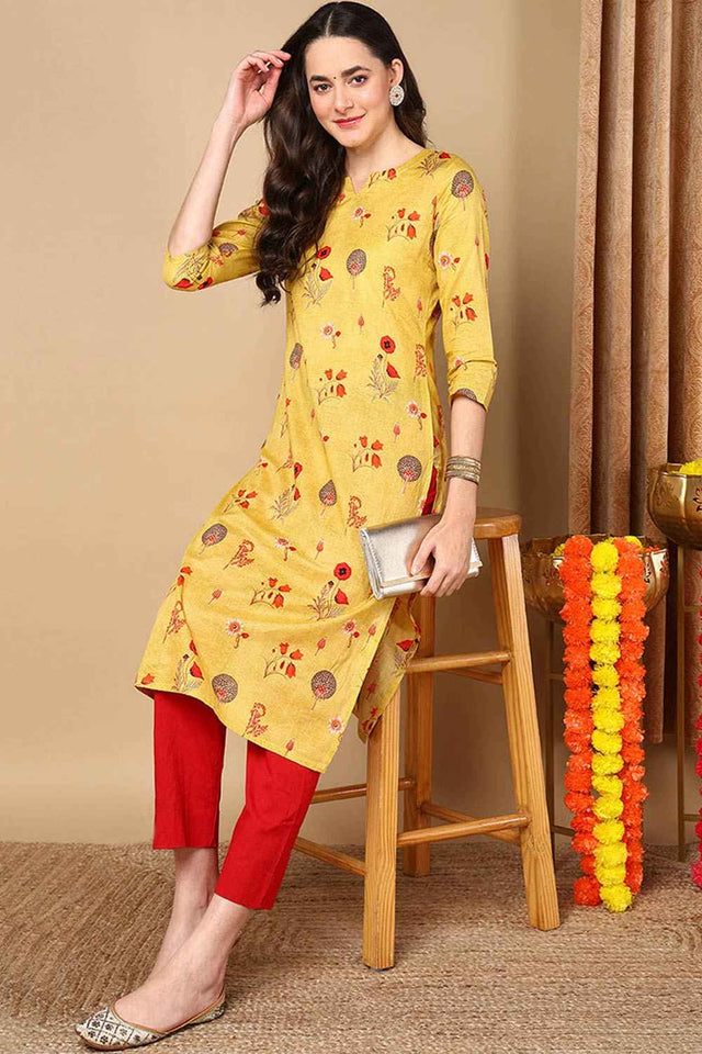 Yellow Cotton Floral Straight Kurti