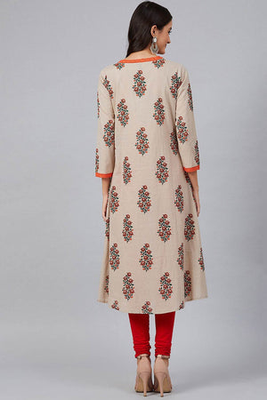 Beige Cotton Round Neck Kurti
