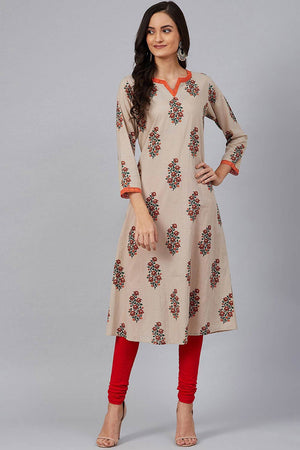 Beige Cotton Round Neck Kurti