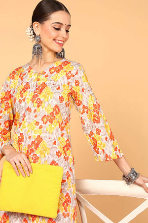 Grey Cotton Floral Straight Kurti