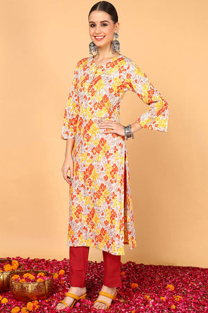 Grey Cotton Floral Straight Kurti