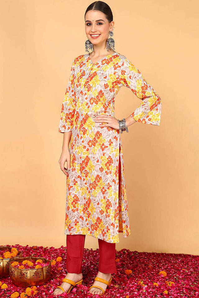 Grey Cotton Floral Straight Kurti