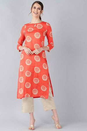 Orange Cotton Printed Straight Kurti