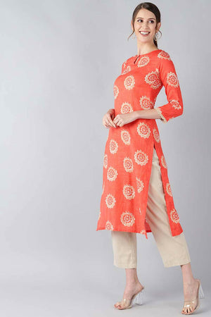 Orange Cotton Printed Straight Kurti