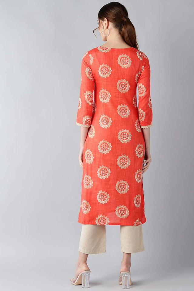 Orange Cotton Printed Straight Kurti