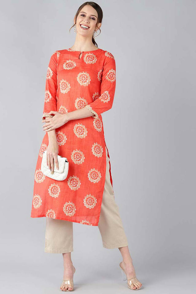 Orange Cotton Printed Straight Kurti