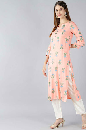 Pink Cotton Printed Straight Kurti