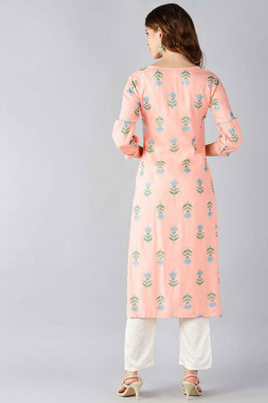 Pink Cotton Printed Straight Kurti