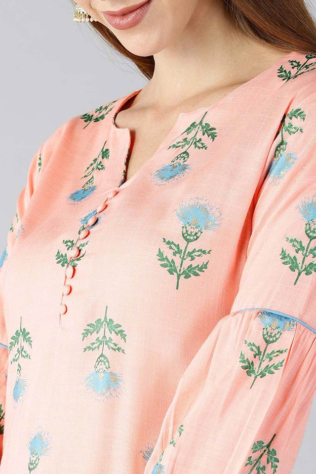 Pink Cotton Printed Straight Kurti