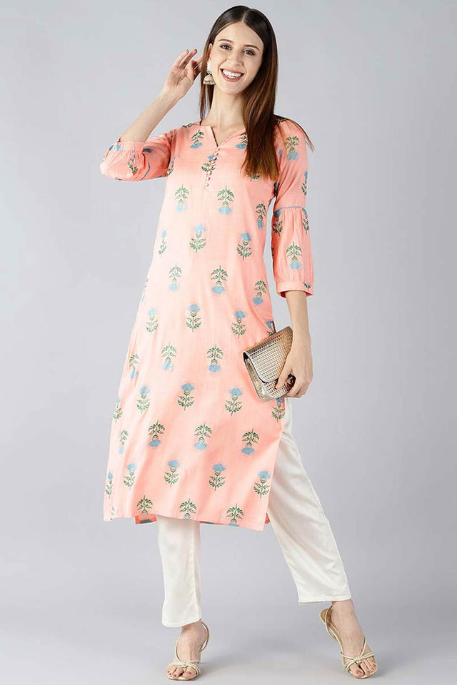 Pink Cotton Printed Straight Kurti