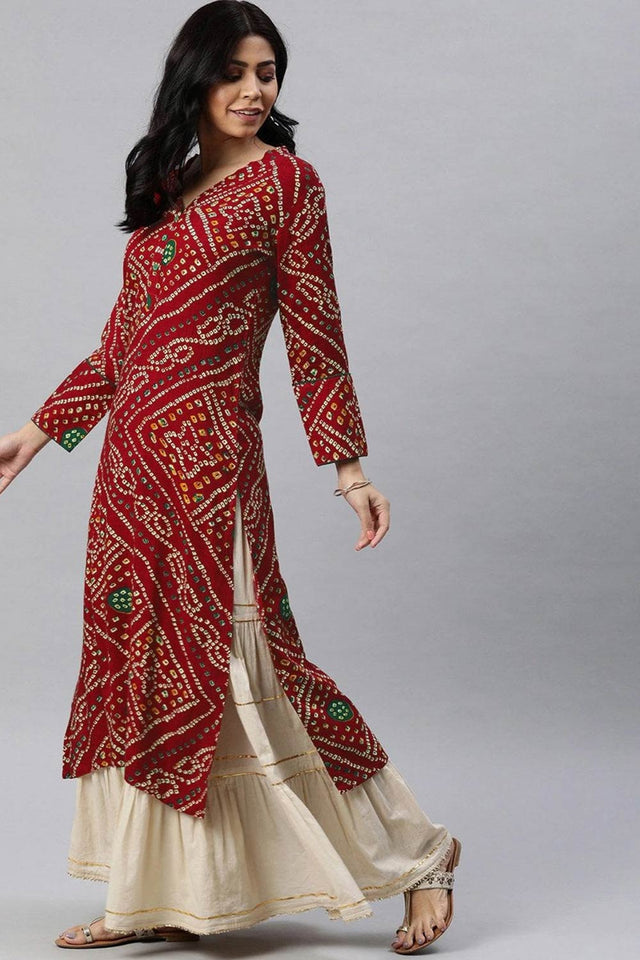 Red Rayon Floral Print V Neck Kurti