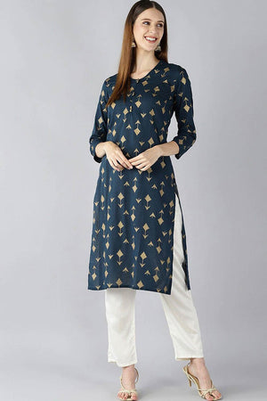 Blue Cotton Printed Straight Kurti