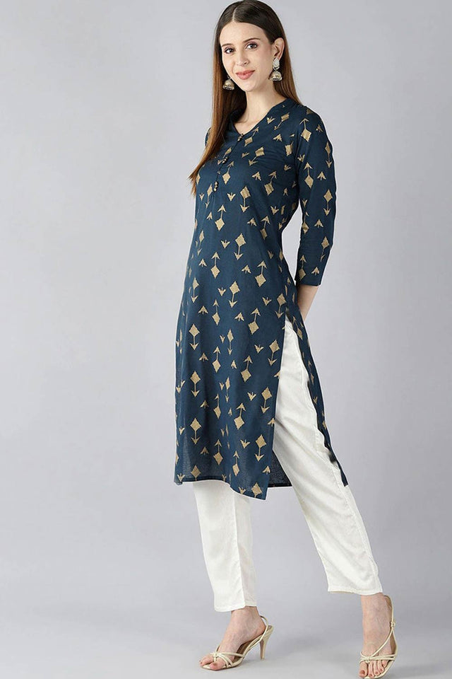 Blue Cotton Printed Straight Kurti