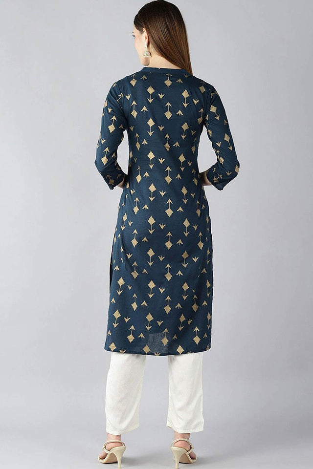 Blue Cotton Printed Straight Kurti